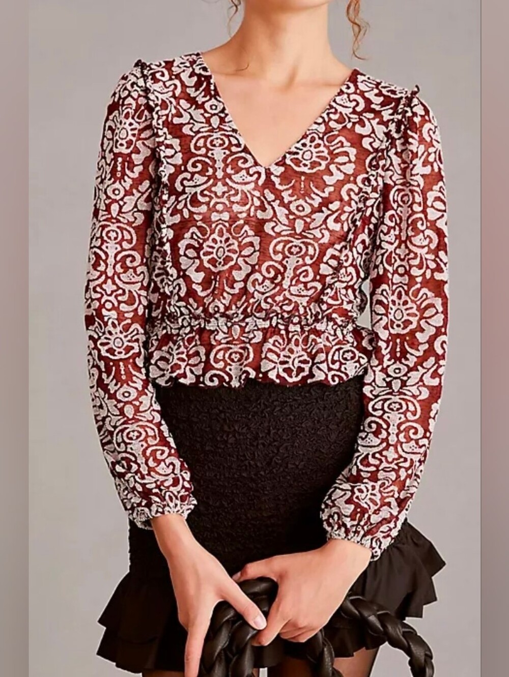 Anthropologie Burgundy/White Jacquard Peasant Blouse, Size S
